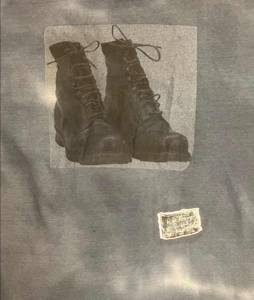 Dusty blue Boot Shirt on upcycled Carhartt with hand-sewn leather boot pocket by h.m. Peavy