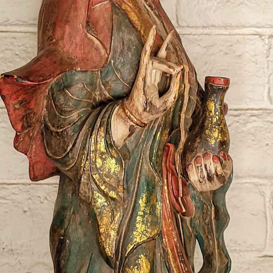 Antique GUAN YIN wood carving statue.