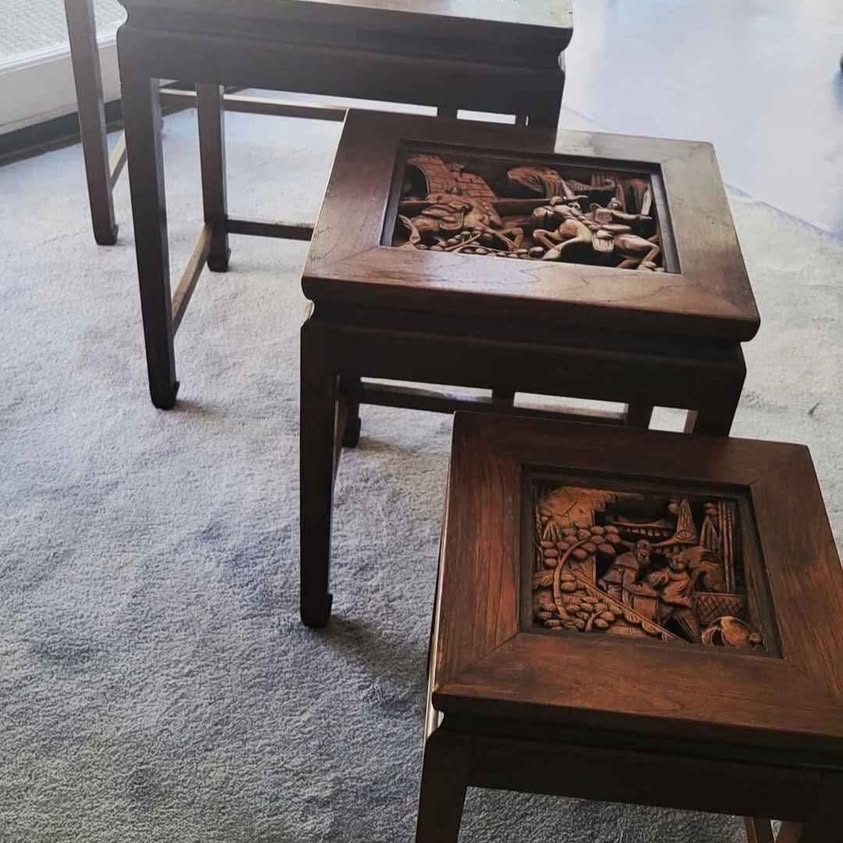 1960s Asian Deep fine Carved Art in Nesting Tables With own glass top. Set of 4