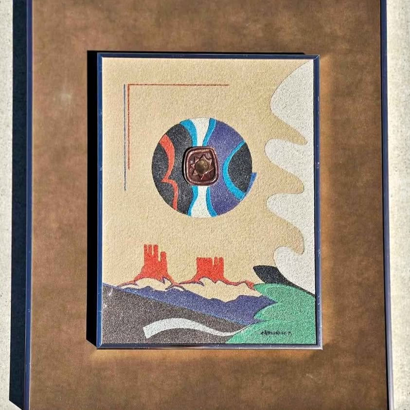 SUNRISE IN DESERT ON HIGH QUALITY SAND PAINTING, INSPIRED IN NAVAJO SCENARIO.