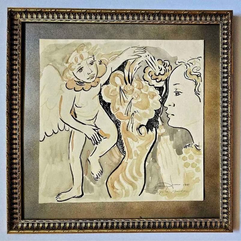 CUPID'S PROMISE. Original watercolor Hand signed&dated By Master JUAN TORRES, Mich., MEXICO 1991