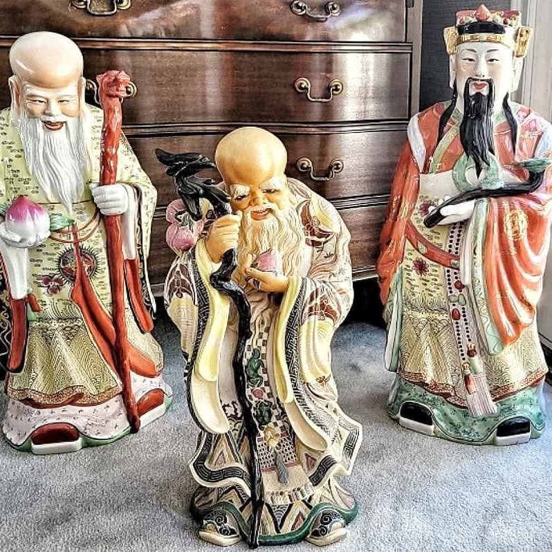 Mid 20th Century CHINOISRIE PORCELAIN Feng Shui Fu Lu Shou Deities Statues. Set of 3