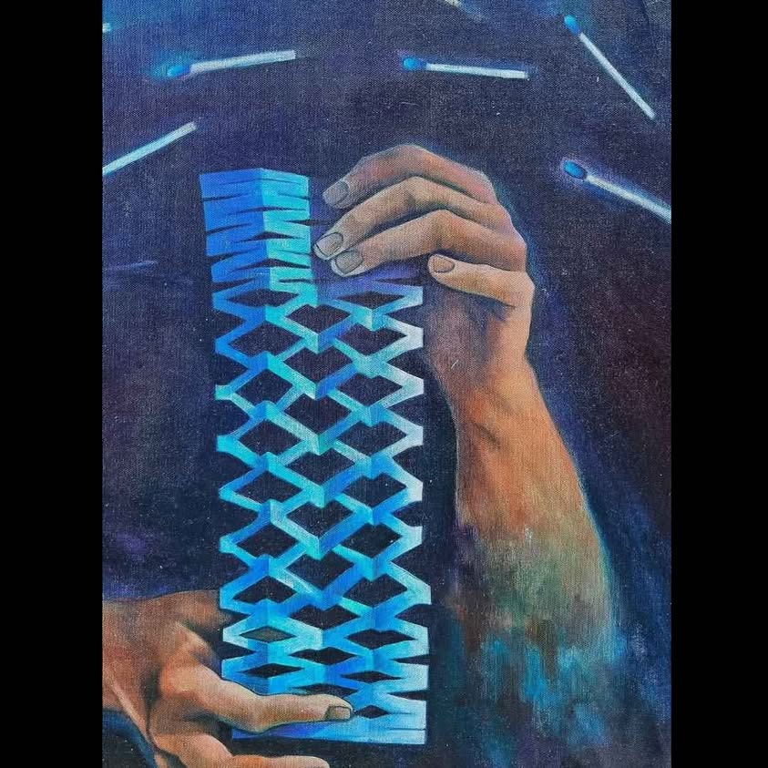 REQUIEM OF THE CUT PAPER. Oils on canvas on playwood board, original SUBREALISTIC SIGNED.