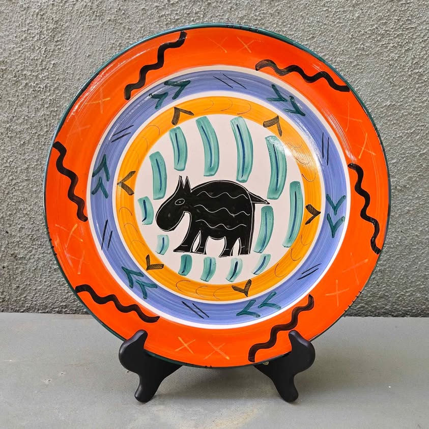 CVDW 1990s, Hand Painted Black Tapir? Bird? Folk Art Style 9.25" Studio Pottery Plate Signed Dated