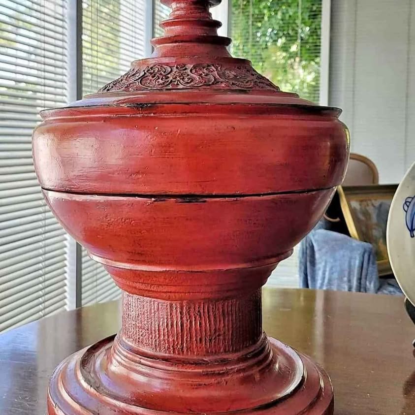 BURMESE, Red Carved Wood laquered Temple Offering Box .