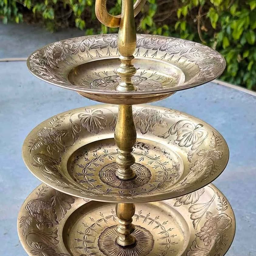Solid Brass Etched 3 Tiered Bras Serving Tray, Jewelry Stand, Vintage India Display.