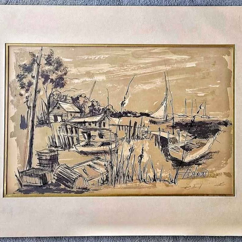 Signed vintage Litography by Canadian artist ERIC DIAMOND, "BOATS"