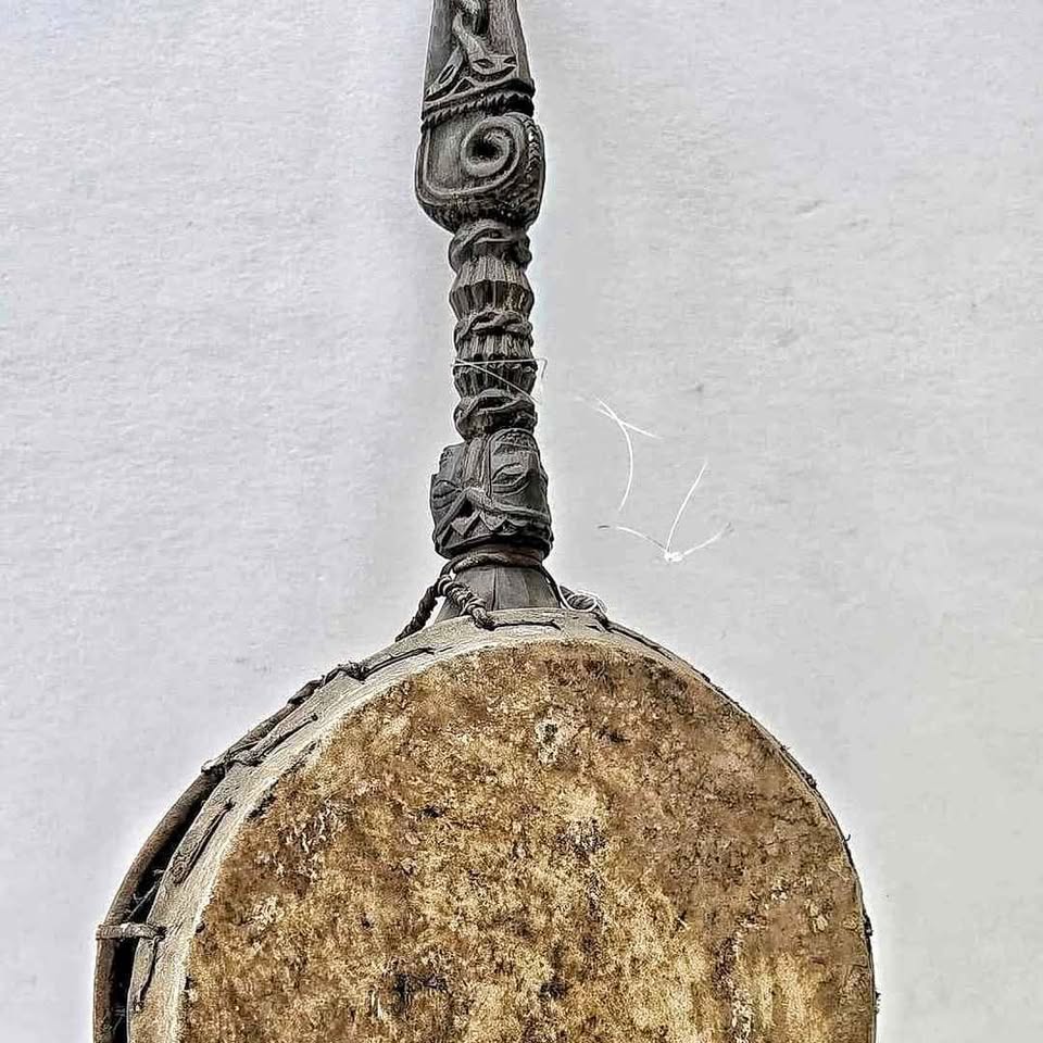 Antique Shaman Drum, DHYANGRO, Carved Wooden Handle, Nepal Himalaya, 19 Century.