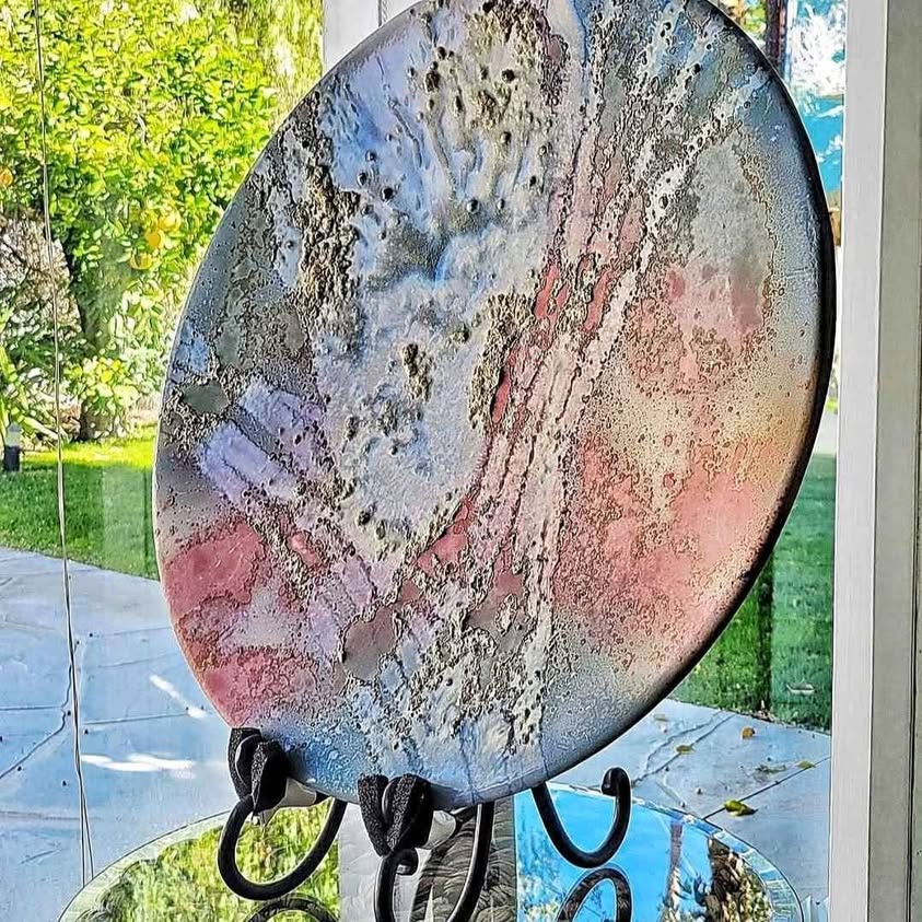 Signed TONY G. EVANS. 21"D in THIS STATEMENT ABSTRACT RAKU POSTMODRRN PLATE ART. Early 1980s