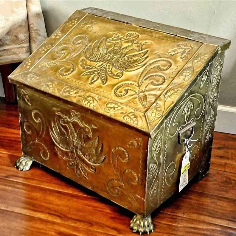 COAL BOX, WRAPED IN THIN BRASS WITH DOUBLE HEAD PRUSIAN COAT OF ARMS EMBOSSED.