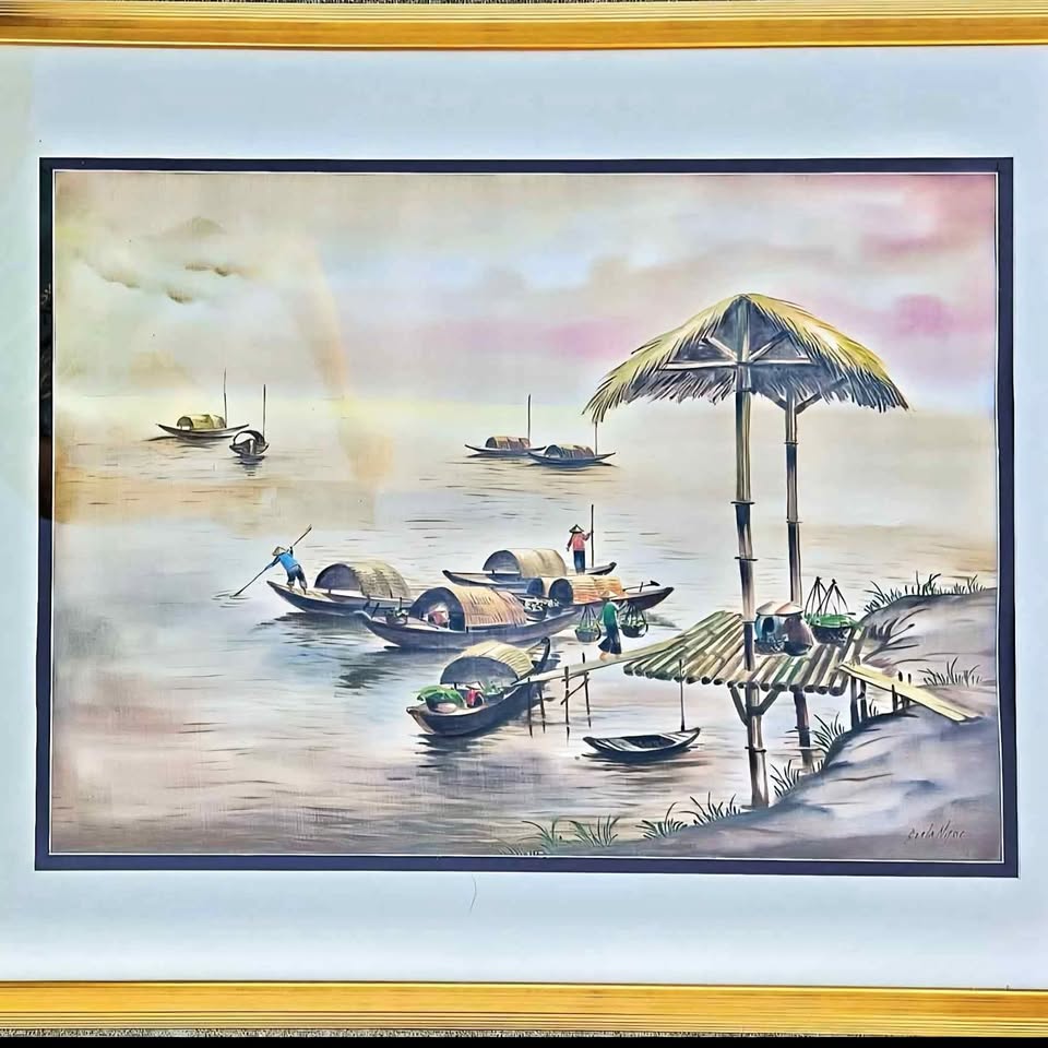 "GIVE ME A TITLE" VIETNAMESE ORIGINAL SIGNED PAINTING ON SILK. STATMENT FRAMED WALLART.