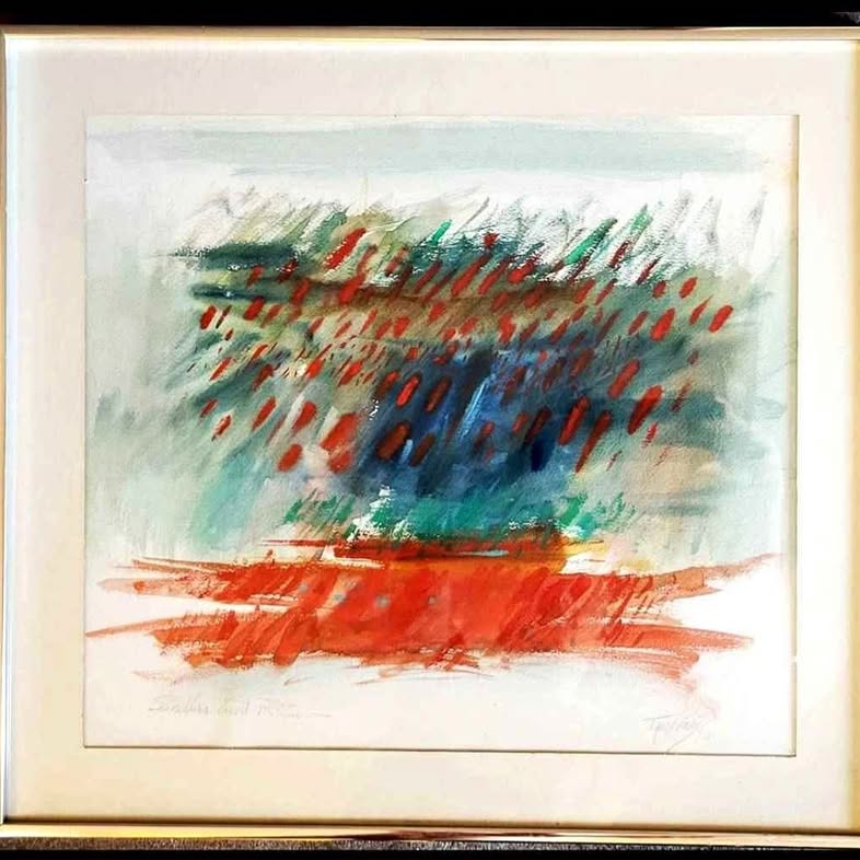 Sandbar and Rain (?) 1970, FRAMED ABSTRACT WATERCOLOR