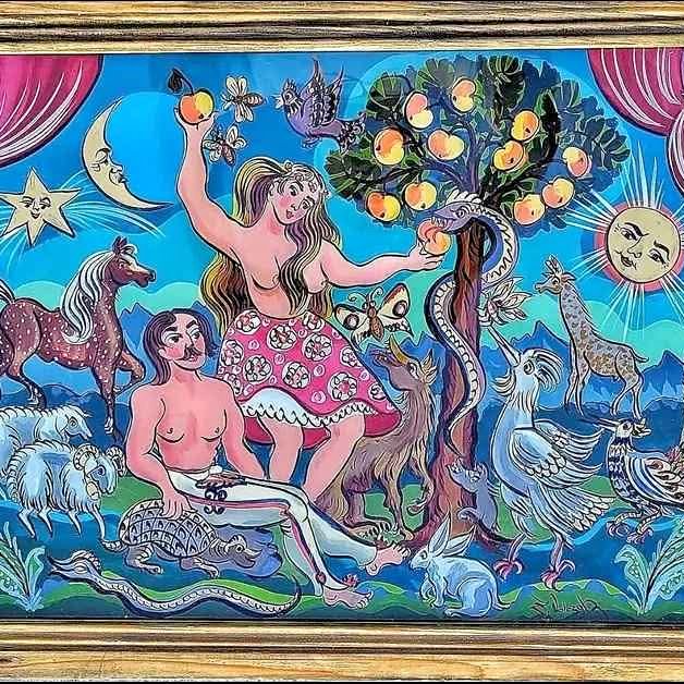 REVERSE PAINTING FROM POLAND Circa 1950's. "Paradise" signed by Zdzislaw Walczak 1926-2001