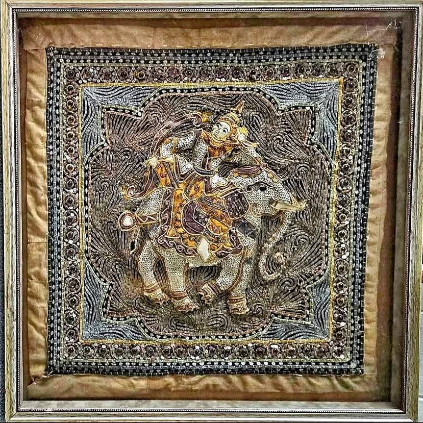 Antique Burmese Kalaga in elegant glass shadow box.