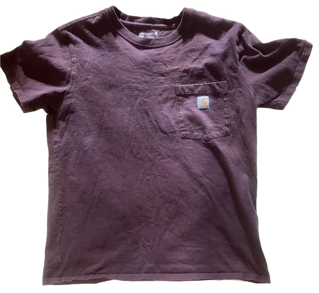 A faded dark purple Carhartt short-sleeve t-shirt with a chest pocket.