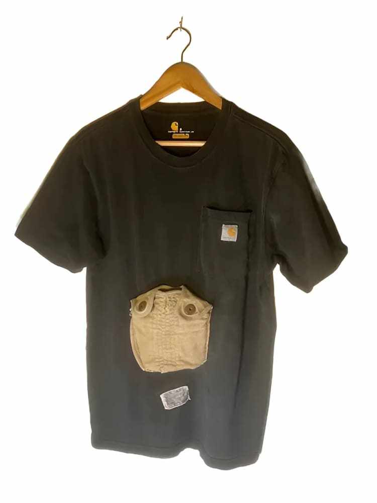 American Worker black T-shirt with upcycled Carhartt pocket and hand-dyed design by h.m. Peavy