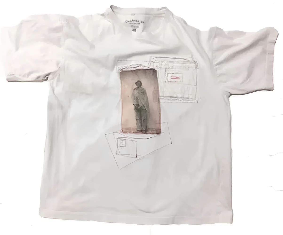 White t-shirt with printed design.