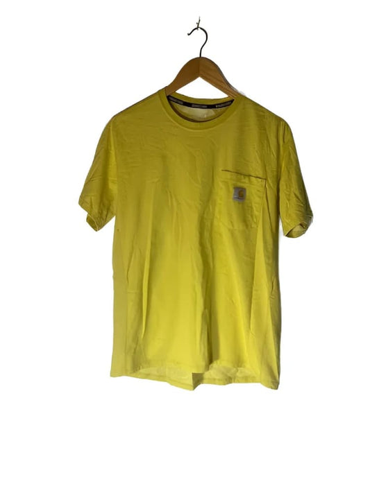 A bright yellow short-sleeved t-shirt with a front pocket and a crew neck.
