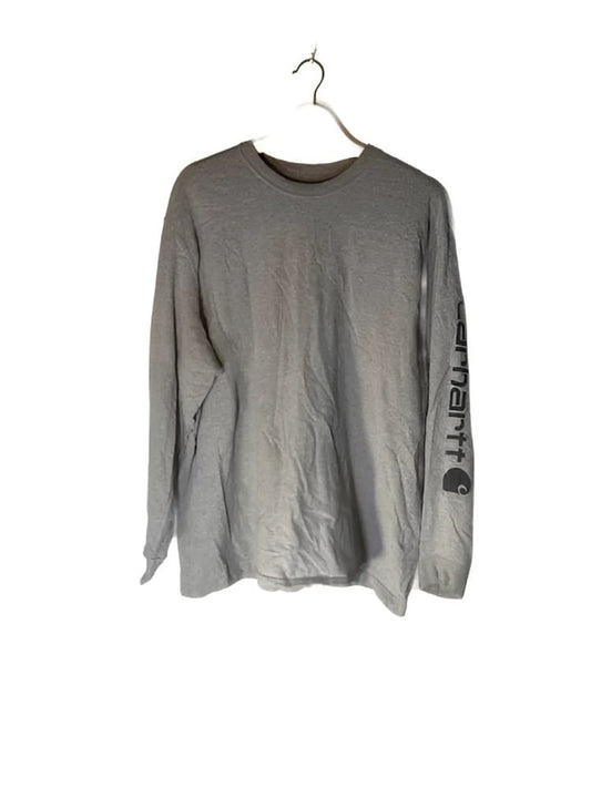 Grey long-sleeved crewneck t-shirt with ’Carhartt’ written on the left sleeve.