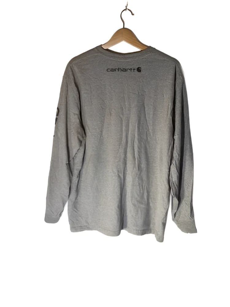 Gray long-sleeve t-shirt with a small graphic on the upper back.
