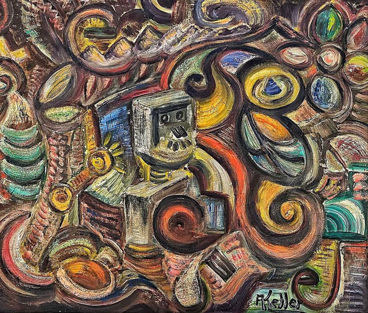 Abstract painting with a central, stylized robot-like figure.