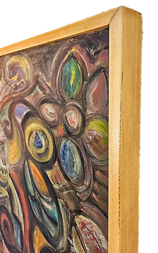 An abstract oil painting in a light wooden frame.