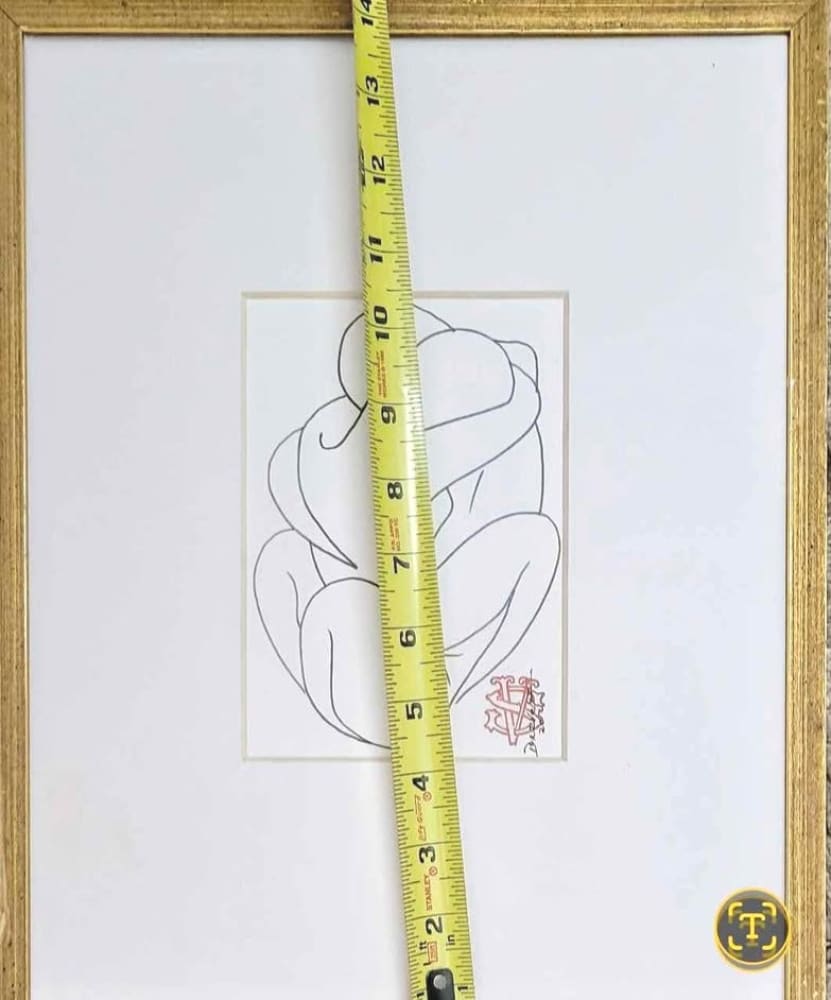 Framed line art drawing of two embracing figures, with a measuring tape placed vertically over it.