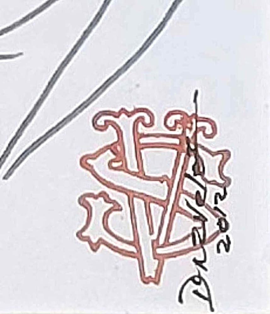 Red-outlined monogram with a handwritten signature and date.