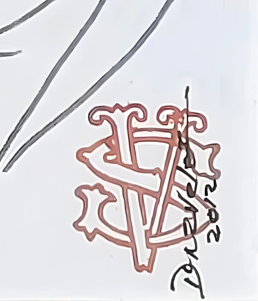 Red-outlined monogram with a handwritten signature and date.