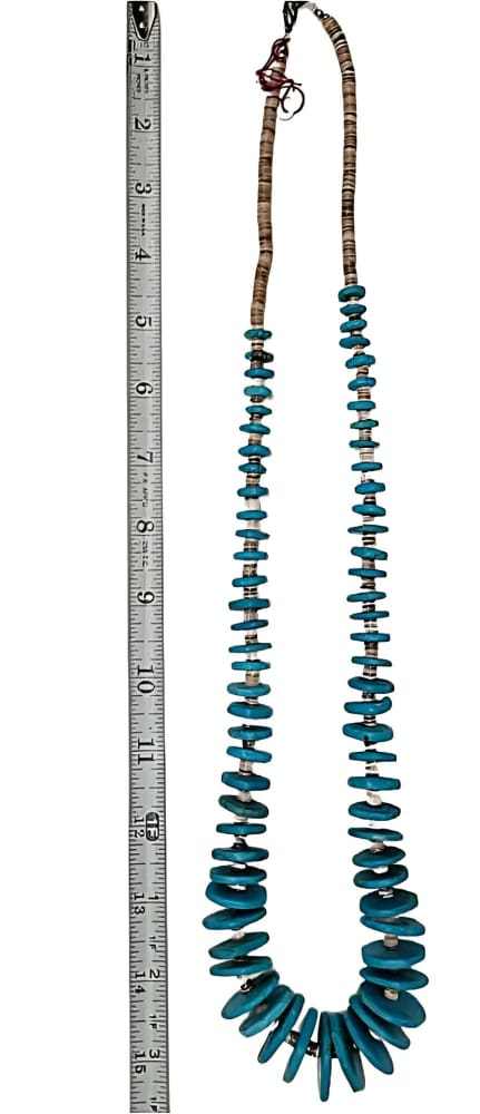 Navajo Turquoise Heishi necklace with vibrant blue-green beads next to a measuring tape showing 15 inches length