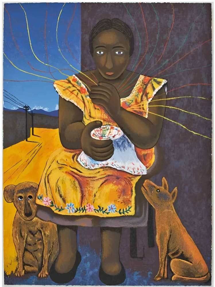 Rodolfo Morales signed serigraph of woman embroidering with two dogs in vibrant Mexican folk art style