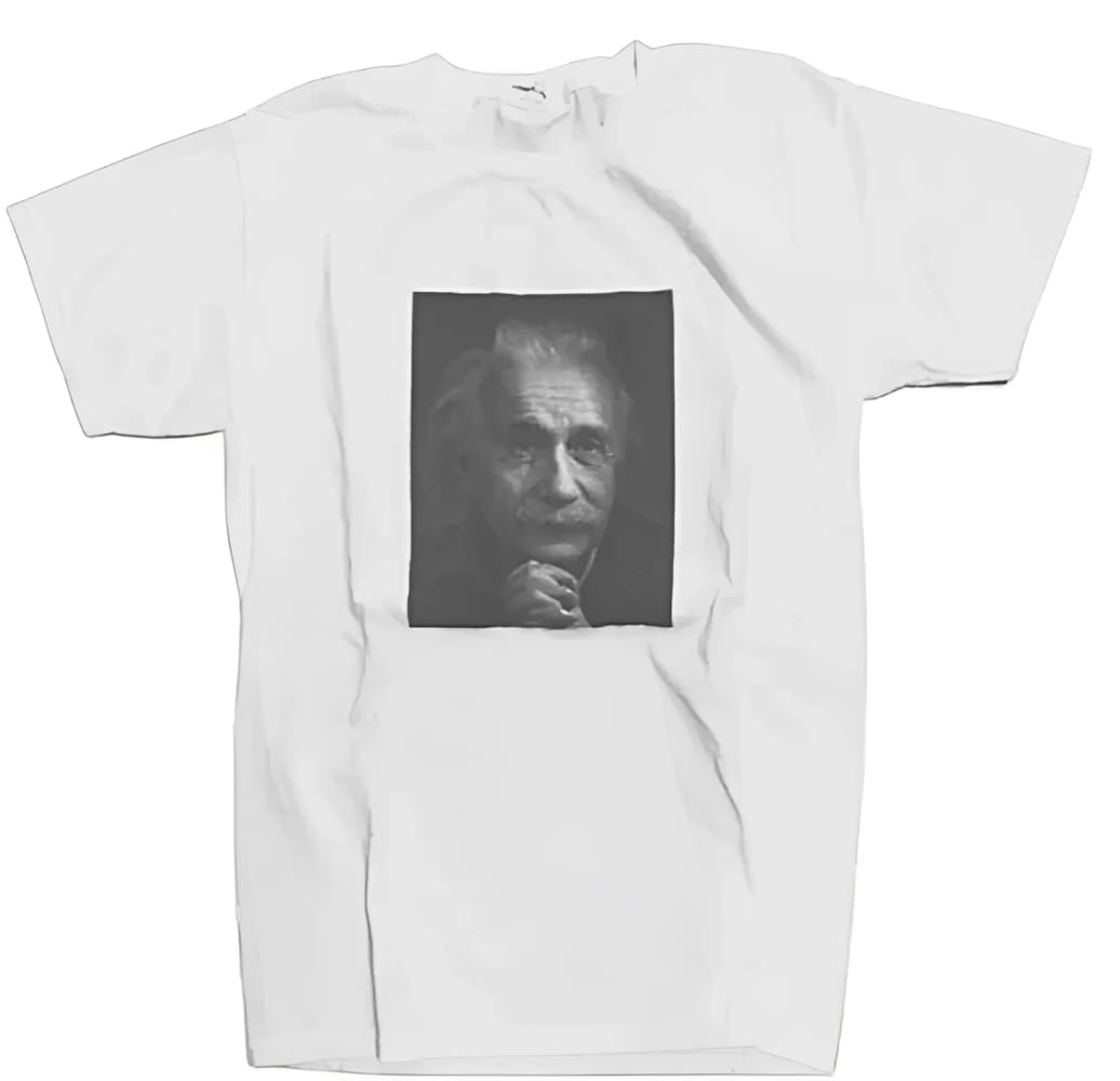 White t-shirt with Einstein portrait.