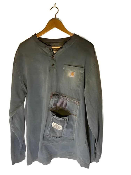 American Worker T-shirt on an Upcycled Carhartt Henley by h.m. Peavy - Re - psychles Vintage Shop & Art Gallery