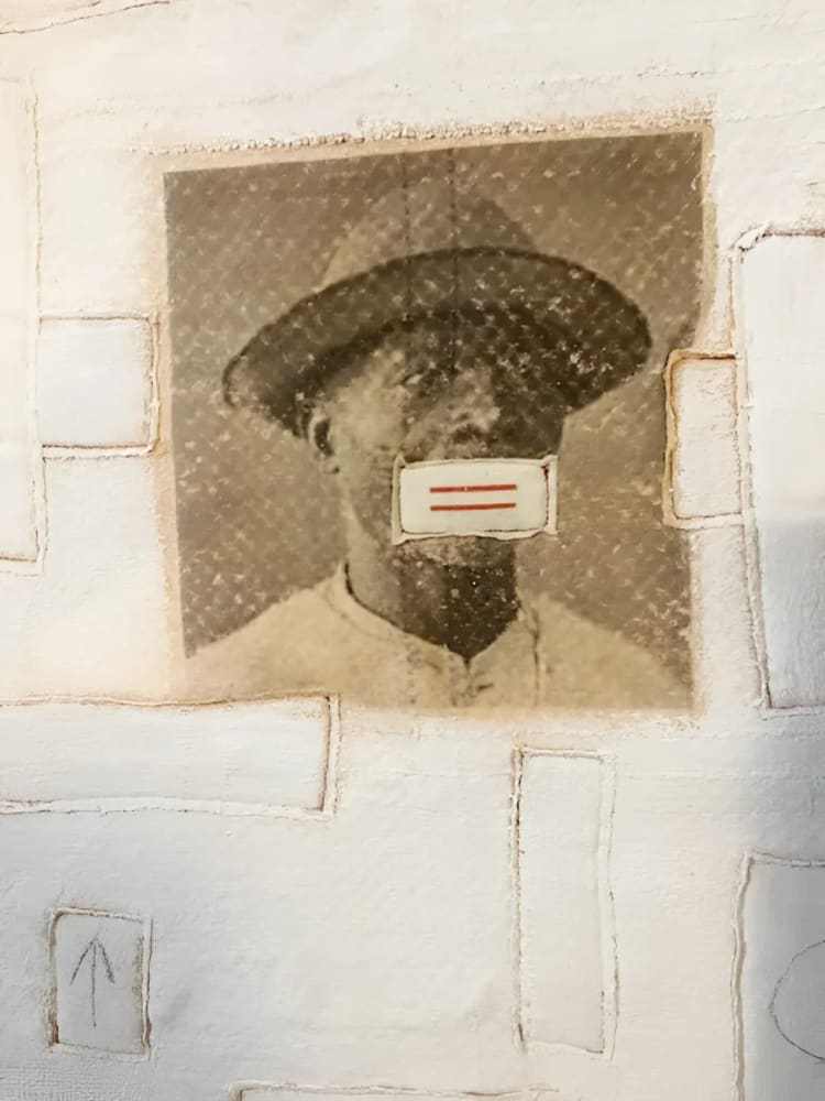 Who Am I assemblage art by h.m. Peavy featuring handwoven cloth, doll, inks, paints, and wood in a 4ft by 4ft construction