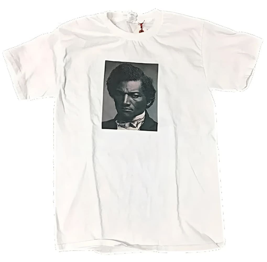 White t-shirt with Frederick Douglass portrait.