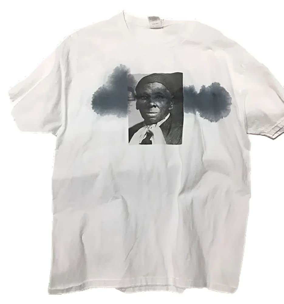 White t-shirt with a portrait.