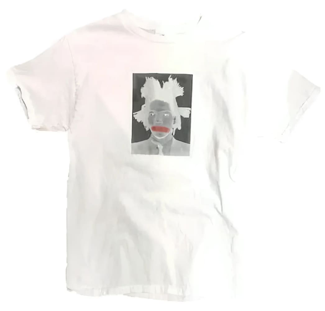 White t-shirt with a portrait.