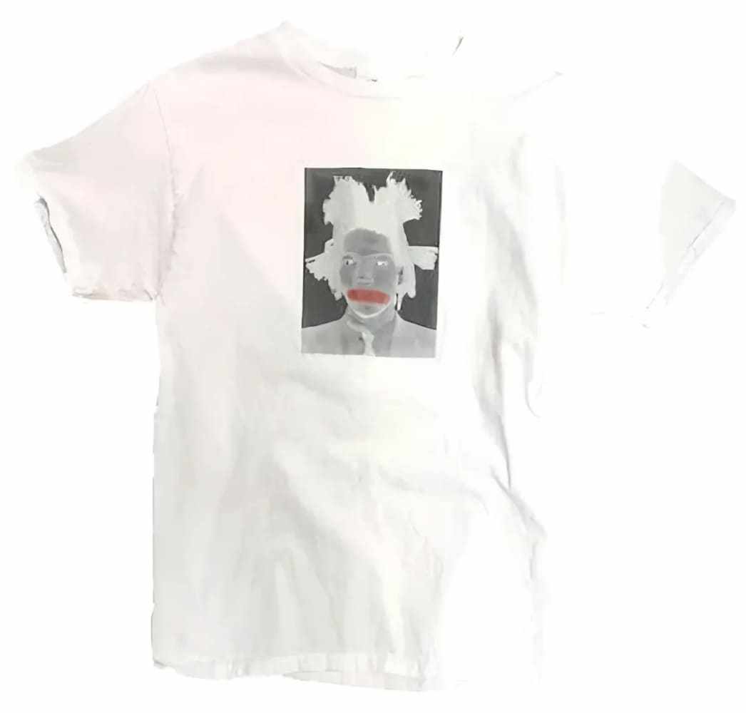 White Jean-Michel Basquiat T-shirt with artistic portrait and red stroke design by h.m. Peavy