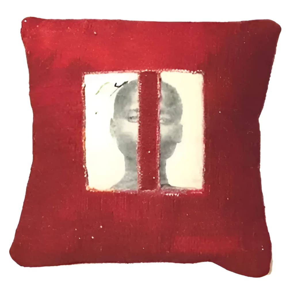 Red decorative pillow with a split portrait.