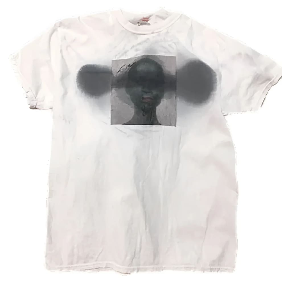 White t-shirt with graphic print.