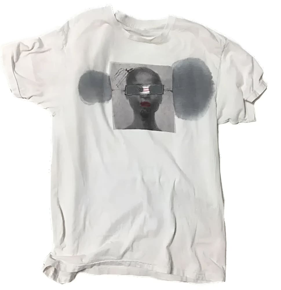 White t-shirt with graphic print.