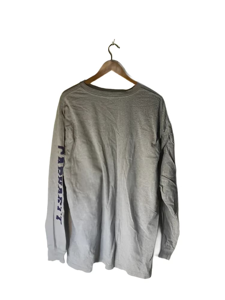 A long-sleeved gray Carhartt t-shirt on a hanger.