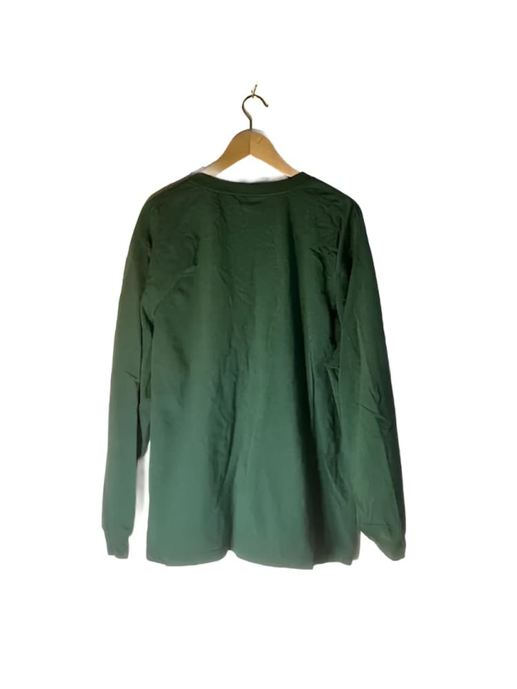A dark green long-sleeved crew-neck shirt on a wooden hanger.