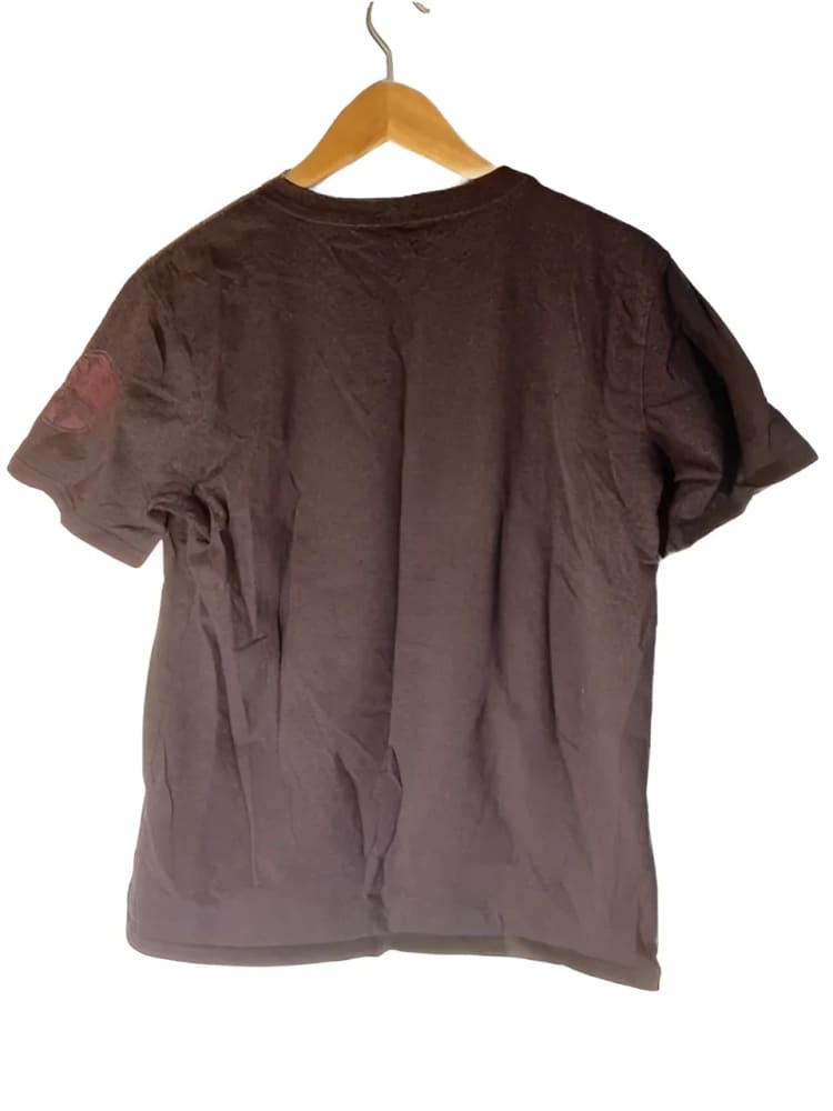 A dark brown short-sleeved t-shirt on a wooden hanger.