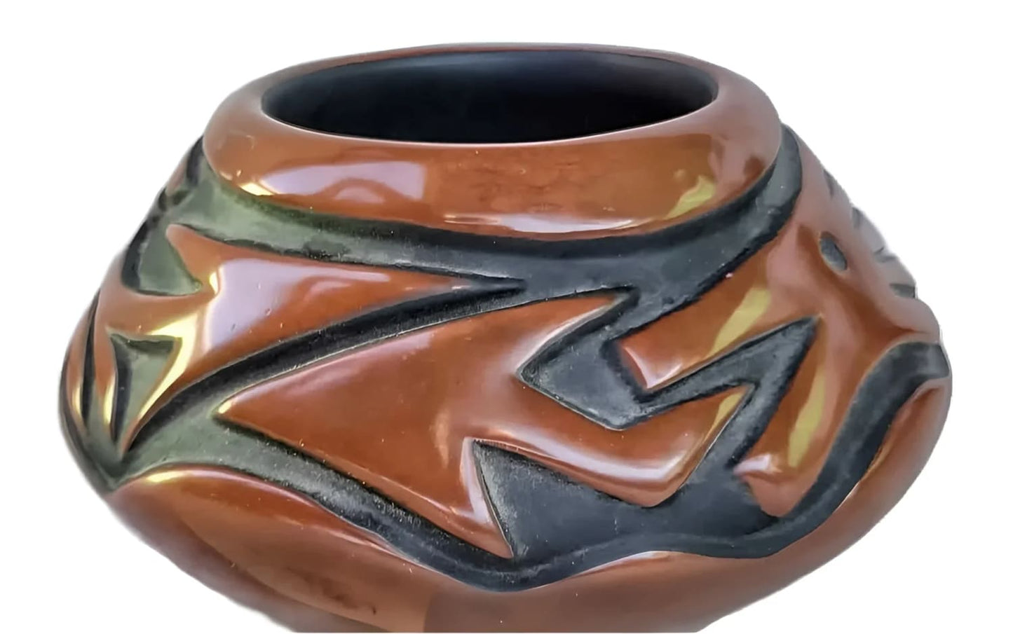 Brown and black patterned ceramic pot.