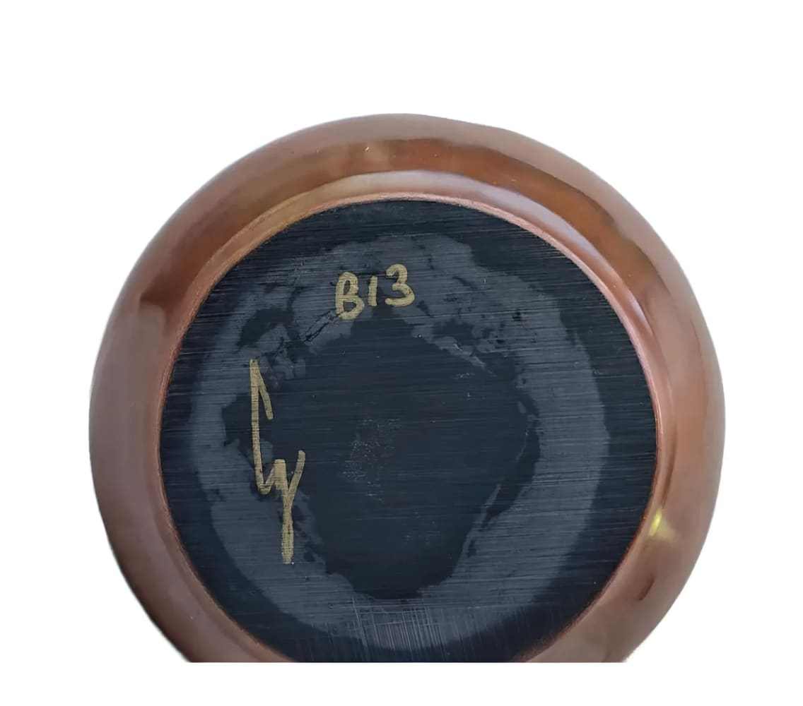 Bottom view of Carol Grace Loretto signed Santa Clara Pueblo redware bowl with artist signature and marking B13