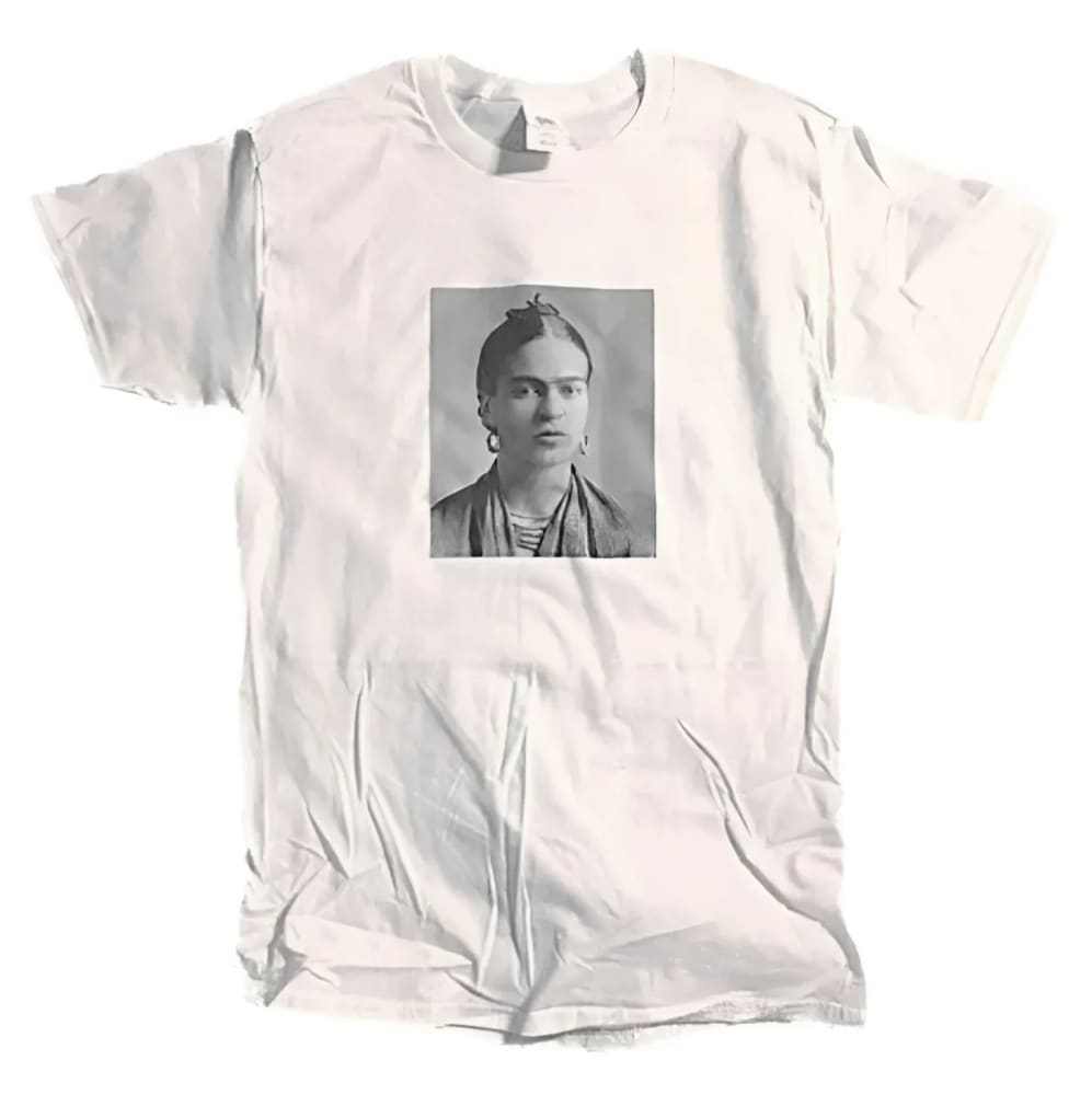 White Frida Kahlo t-shirt with black and white portrait print by h.m. Peavy, made from 100% cotton and eco-friendly inks