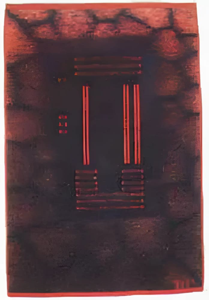 Abstract red and black artwork.