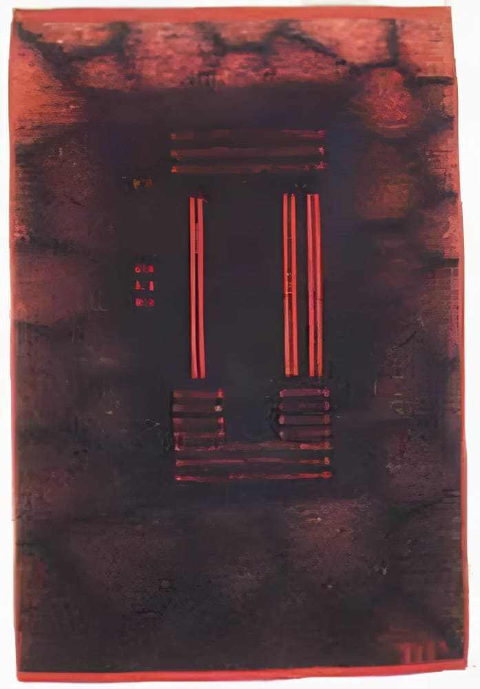 h.m. Peavy Cinder Path tapestry featuring volcanic abstract design in dark red and black wool fibers