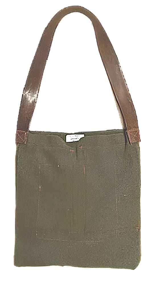 Olive green wool tote bag with brown leather straps.